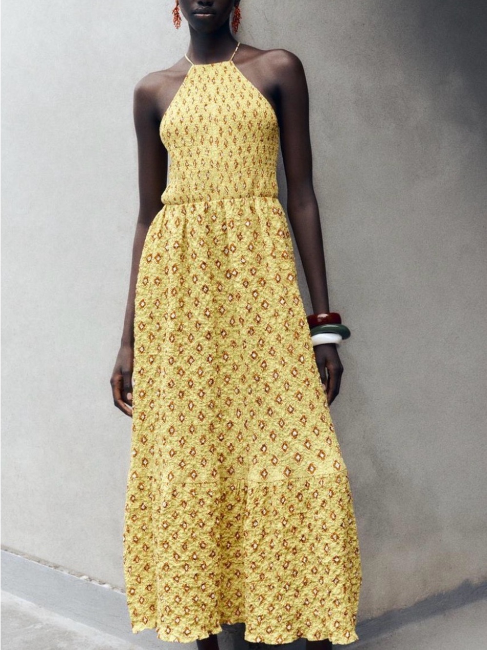 Zara Yellow Halter Maxi Dress with Subtle Floral Print